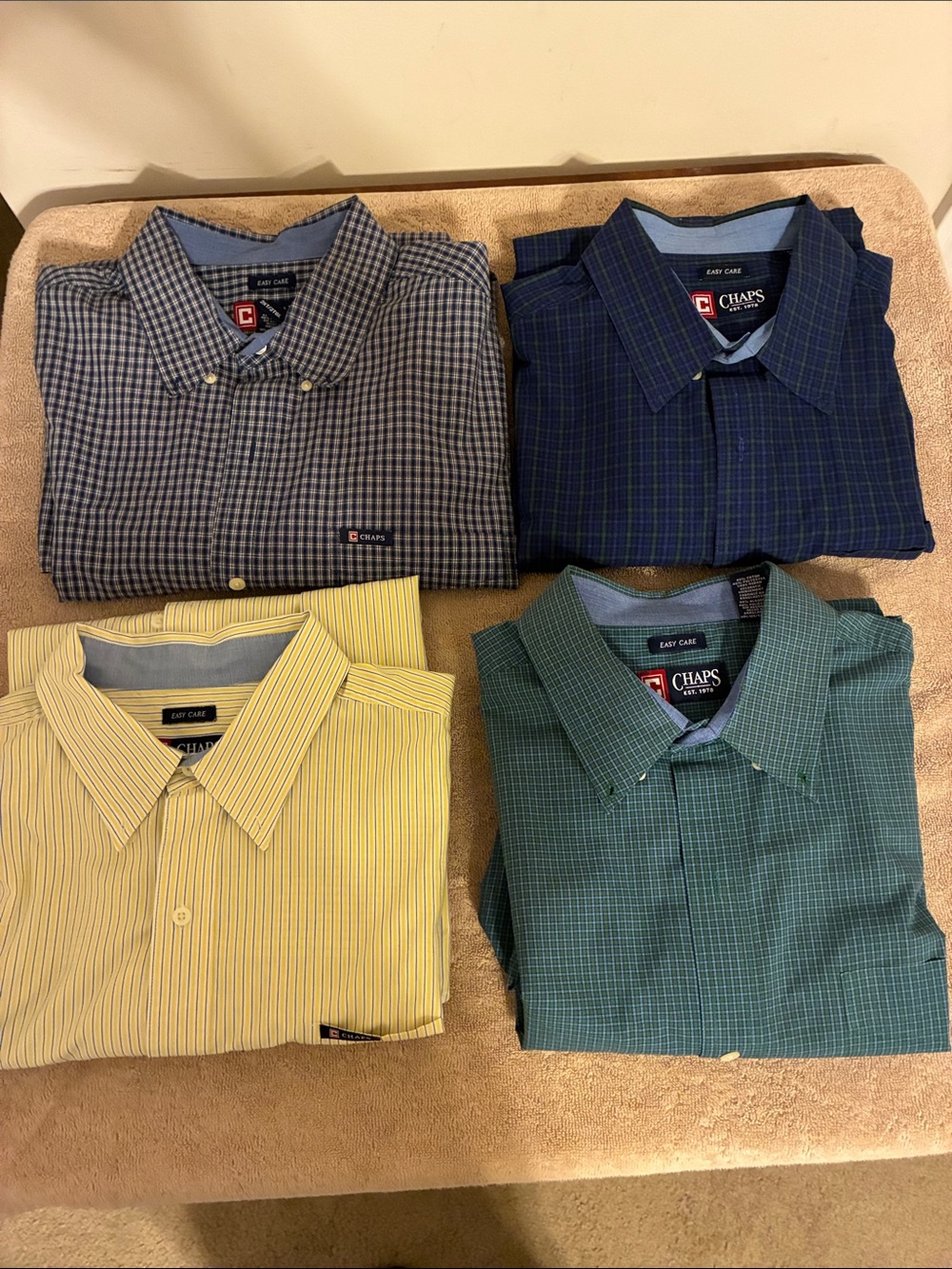 Chaps Men's 4 Button-Down Shirts - Blue, Navy, Yellow, Green Plaid & Stripe Set
